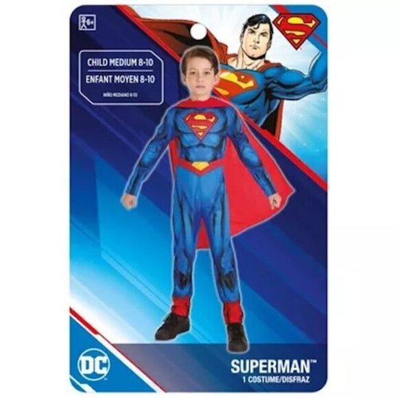 Superman Child Costume Medium 8-10 With Red Cape & Printed Muscles By DC Comics - Picture 2 of 8